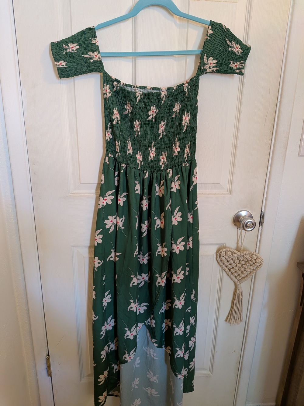 Green Floral Off-Shoulder Smocked Maxi Hi Lo Dress